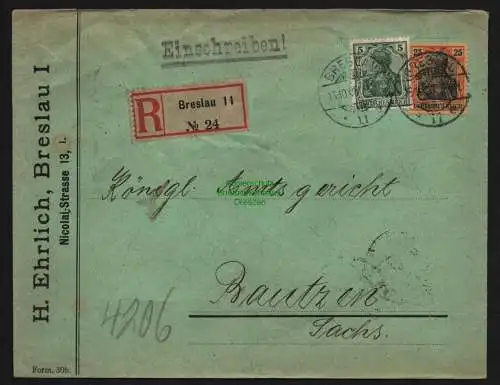 B12039 Brief DR Germania Breslau Einschreiben nach Bautzen 1908 Amtsgericht