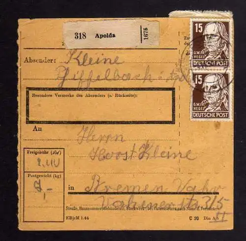 B1269 DDR 331 va XII 4x auf Paketkarte gepr. Weigelt BPP Pfiffelbach Apolda nach