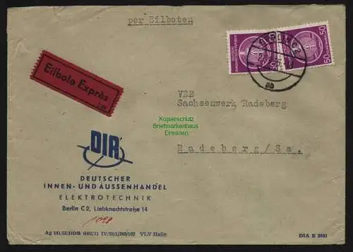 B12662 DDR Dienst A 2x 15 MeF Eilboten Brief Berlin an Sachsenwerk Radeberg 1955