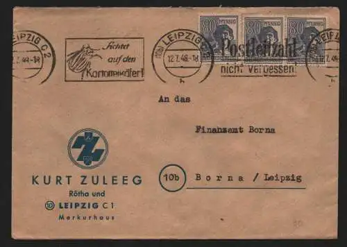 B12847 SBZ Brief Währungsreform Zehnfachfrankatur 1948 Leipzig 3x 80 Pfg. an FA