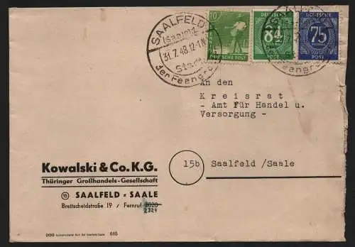 B12836 SBZ Ortsbrief Währungsreform Zehnfachfrankatur 1948 Saalfeld 31.7.48