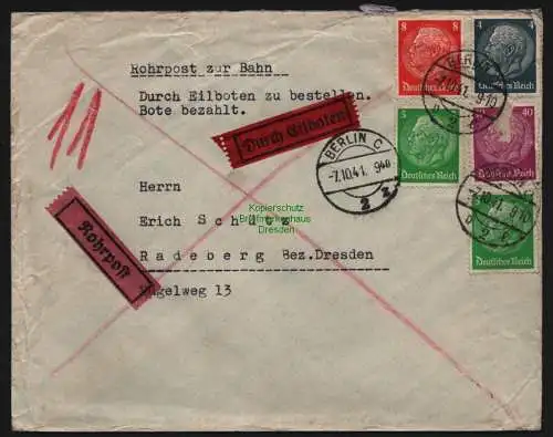 B12778 DR Deutsches Reich Rohrpost zur Bahn 7.10.1941 nach Radeberg bei Dresden
