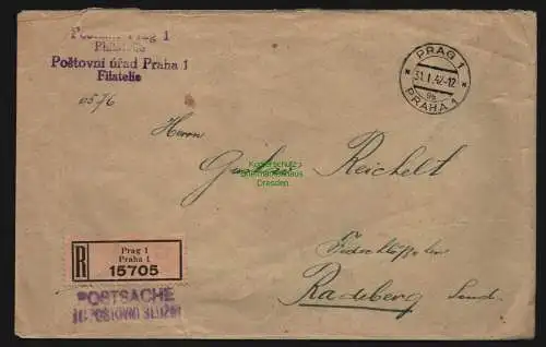 B12763 Brief Prag Praha 1942 nach Feldschlösschen b. Radeberg Einschreiben