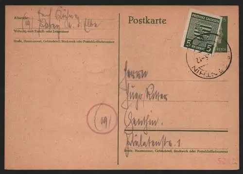 B12986 SBZ Brief Provinz Sachsen 1945 68 EF Genthin Überklebung Hitler Ganzsache