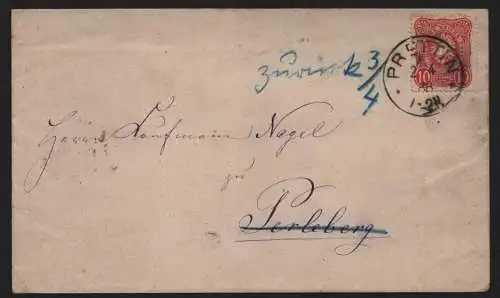 B12880 DR Deutsches Reich Brief Prettin 1888 nach Perleberg und zurück Polizei