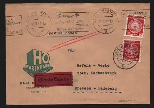 B13093 DDR Dienst A Brief Eilboten HO Warenhaus Karl-Marx-Stadt 1957 n. Radeberg