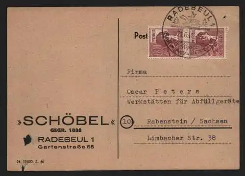 B12961 SBZ Postkarte Währungsreform Zehnfachfrankatur 1948 Radebeul 2x A 956