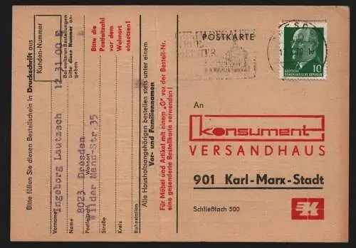 B13028 DDR Geschichte Bestellkarte Konsument Warenhaus Chemnitz 1970