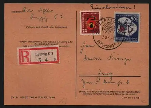 B13019 Einschreiben Postkarte DDR 292 Leipziger Messe Leipzig Petershof - Zeitz