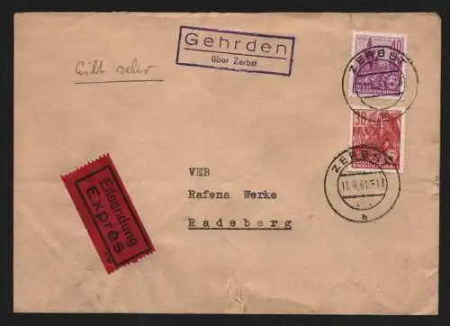 B13160 DDR Eilbrief Expres Landpoststempel Gehrden über Zerbst 1961 a VEB Rafena
