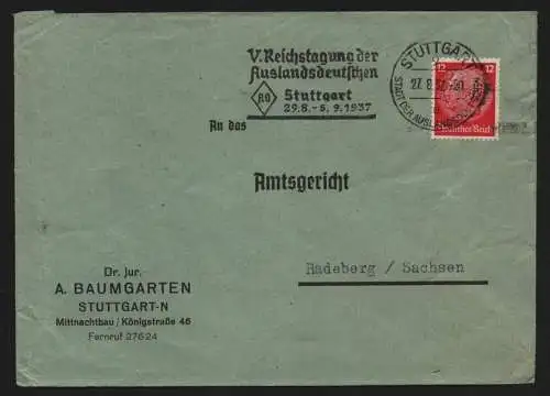 B13181 Brief DR Hindenburg 1937 Firmenlochung Perfin B W S Stuttgart n Radeberg