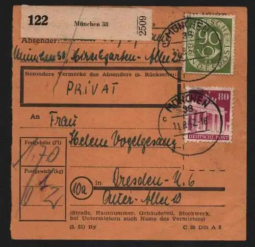 B13176 Paketkarte BRD München 1952 nach Dresden