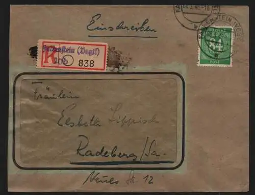 B13119 SBZ Brief 1948 Falkenstein Vogtl. Einschreiben nach Radeberg