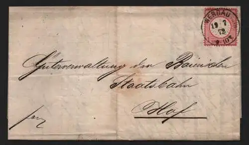 B12899 DR 4 kleines Schild Deutsches Reich Brief Werdau 1872 Staatsbahn Hof