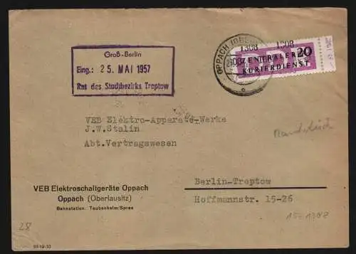 B13274 DDR Dienst ZKD 15 1308 Brief 1957 VEB Elektroschaltgeräte Oppach ESGO