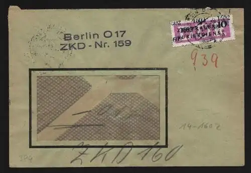 B13389 DDR Dienst ZKD 14 1602 Brief 1957 Berlin O17 ZKD Nr. 159 an ZKD 160