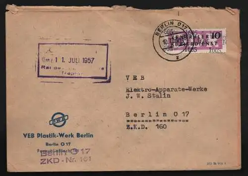 B13427 DDR Dienst ZKD 14 1605 Brief 1957 Berlin VEB Plastik Werk ZKD Nr. 161
