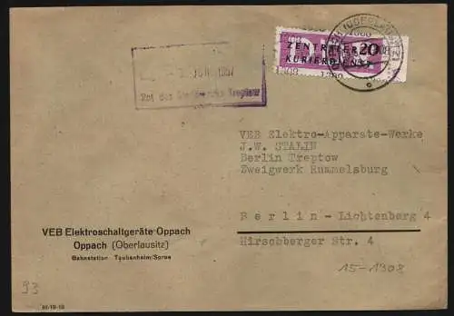 B13273 DDR Dienst ZKD 15 1308 Brief 1957 VEB Elektroschaltgeräte Oppach ESGO
