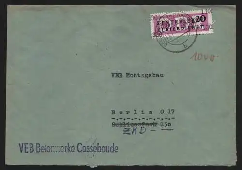B13224 DDR Dienst ZKD 15 1300 Brief 1957 VEB Betonwerke Cossebaude nach Berlin