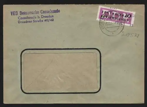 B13225 DDR Dienst ZKD 15 1300 Brief 1957 VEB Betonwerke Cossebaude nach Berlin