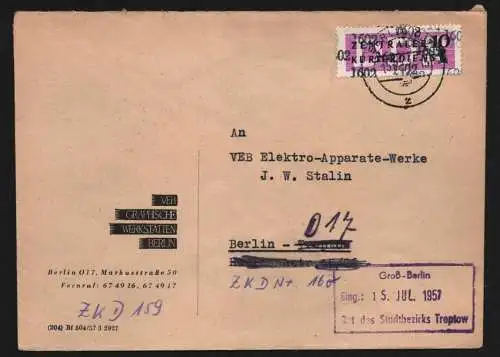 B13410 DDR Dienst ZKD 14 1602 Brief 1957 VEB Graphische Werkstätten Berlin 159