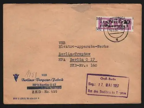 B13387 DDR Dienst ZKD 14 1602 Brief 1957 Berlin VEB Berliner Vergaser Fabrik 159