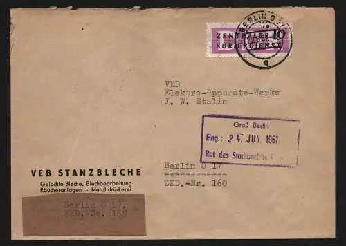 B13385 DDR Dienst ZKD 14 1602 Brief 1957 Berlin VEB Stanzbleche ZKD Nr. 159