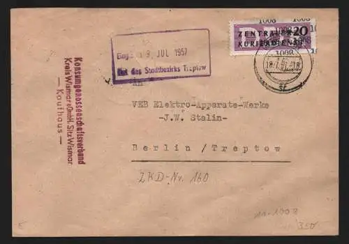 B13861 DDR ZKD Brief 1957 11 1008 Wismar Konsum Kaufhaus an VEB Elektroapperate