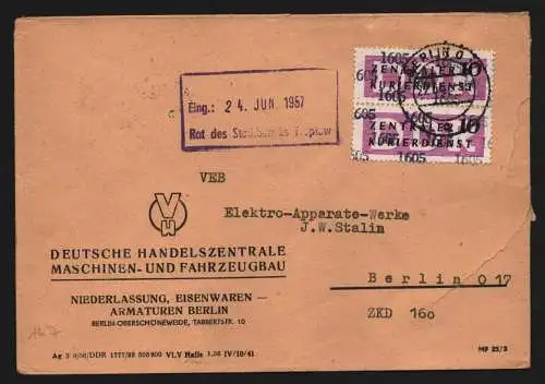B13438 DDR Dienst ZKD 2x 14 1605 Brief 1957 Berlin DHZ Maschinen- u. Fahrzeugbau