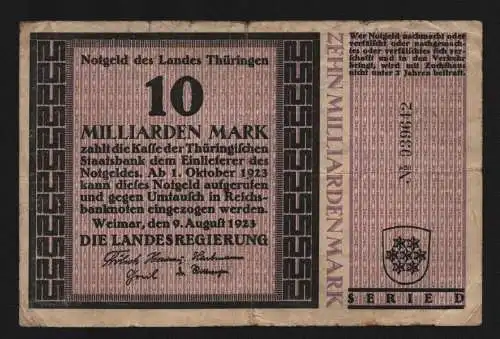 B13589 Deutsches Reich Inflation 1923 Notgeld Thüringen Weimar 10 Milliarden