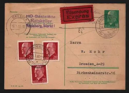 B13562 DDR 1963 HO Gaststätte Ratskeller Radeberg Eilboten nach Dresden