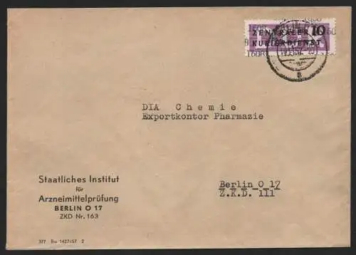 B14311 DDR ZKD Brief 1957 10 1608 Weißensee Staatliches Institut für Arzneimitte