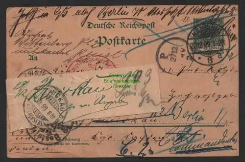 B14319 Ganzsache Deutsches Reich 1899 Hamburg Zwickau Berlin Nachsendung nicht