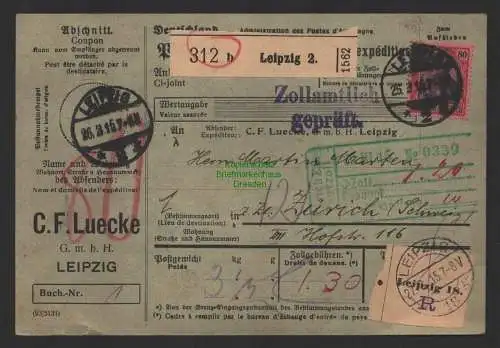 B14367 DR 93 I EF auf Paketkarte C.F. Lücke ( Schaubek ) nach Zürich 1915
