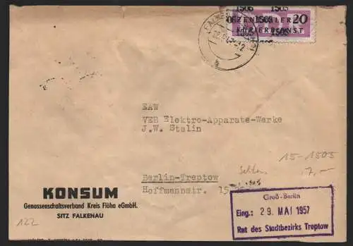 B14227A DDR ZKD Brief 1957 15 1505 Flöha Konsum an VEB Elektroapperate Werke J.
