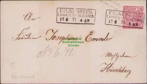 B14929 NDP Ganzsache Reichspost Falkenberg i. Oberschlesien 1871 nach Hirschberg