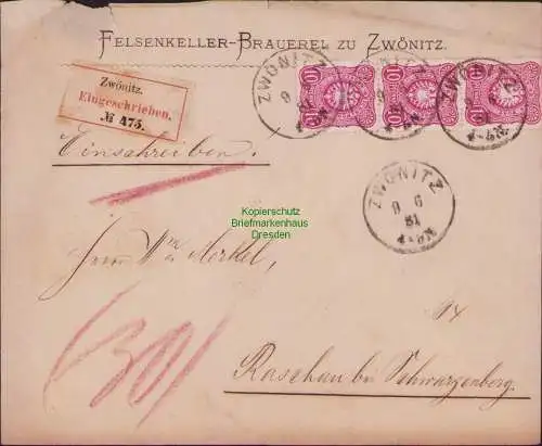B14997 Deutsches Reich 3x 41 10 Pfennig MeF frühes Einschreiben Zwönitz 1881