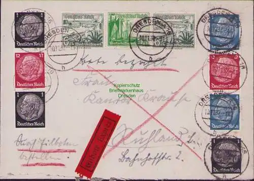 B14822 DR Brief Hindenburg ZD S 148 164 W 124 Eilbrief Dresden - Ruhland 1937