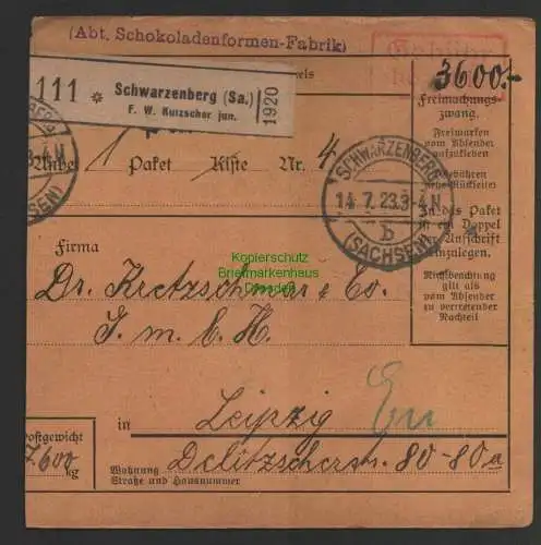 B14372 DR 1923 Paketkarte Gebühr bezahlt Schwarzenberg Schokoladenformen Fabrik