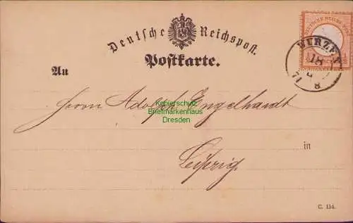 B14979 Deutsches Reich Brustschilde DR 18 Postkarte Wurzen 1874 - Leipzig