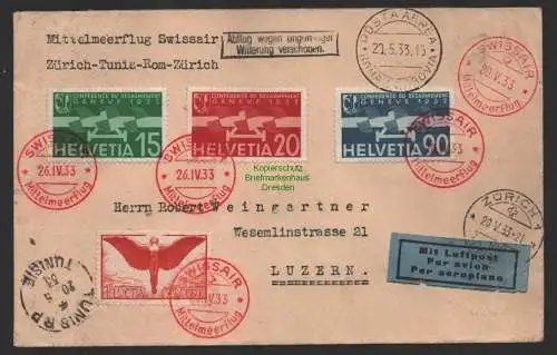 B14375 Brief Schweiz Mittelmeerflug 1933 Zürich Tunis Rom Zürich Verzögerungs