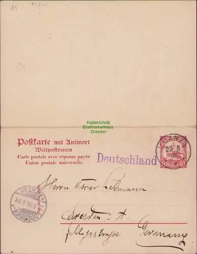 B14837 Ganzsache Postkarte m. Antwort Deutsch Ostafrika Muanza 1906 nach Dresden