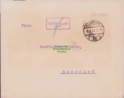 B15234 DR Brief Hamburg Gebühr bezahlt 1923 nach Ronsdorf