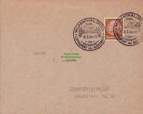 B15250 Brief DR 1934 SST Wildenthal Erzgeb. Wintersport Luftkurort am Auersberg