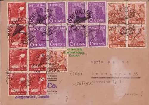 B15175 SBZ Brief Zehnfach Währungsreform Ziegenrück nach Dresden 13.7.48 1948