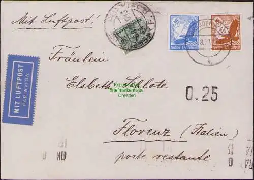 B15746 Luftpost Dresden 42 1937 nach Florenz Italien Nachporto