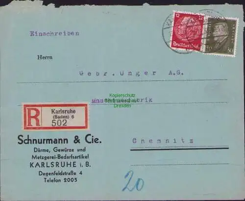 B15784 R-Brief Einschreiben Karlsruhe Baden 1933 nach Chemnitz Gebr. Unger A.-G.