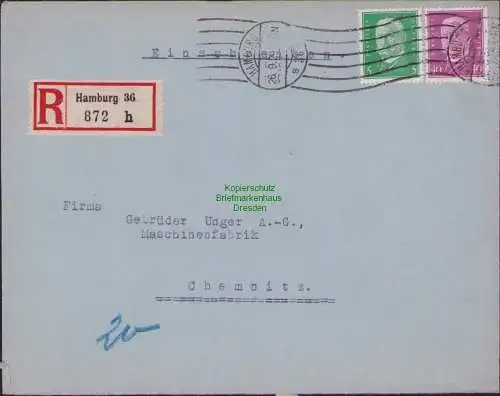 B15785 R-Brief Einschreiben Hamburg 36 1929 nach Chemnitz Gebr. Unger A.-G.