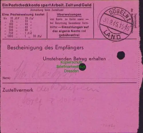 B16160 Gebühr bezahlt 1945 Postanweisung 27 Roßwein Nummerator 28.9.45 nach Gele