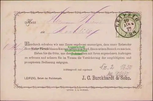 B15862 Vertreterkarte Postkarte DR 2a Leipzig 1872 kleines Brustschild  Rochlitz